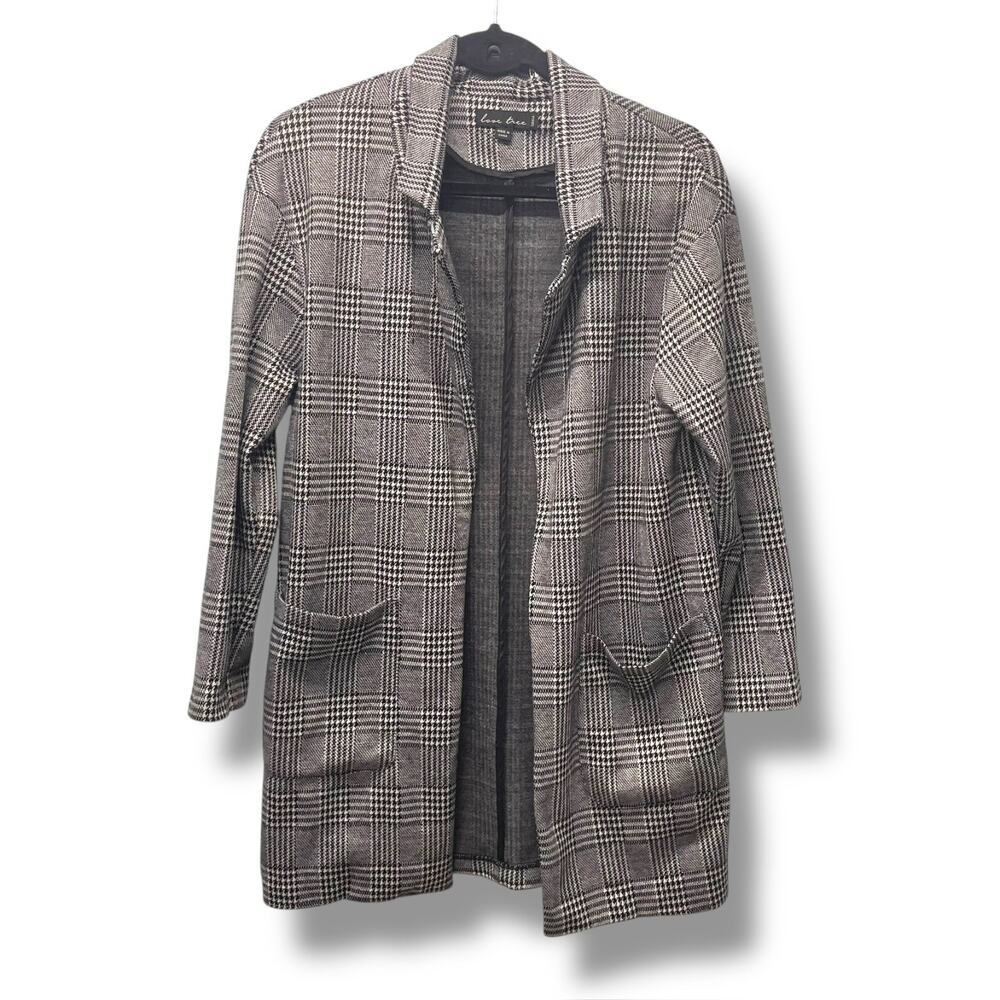 Love Tree Women's S Houndstooth Black White Open Front Long Jacket Coat